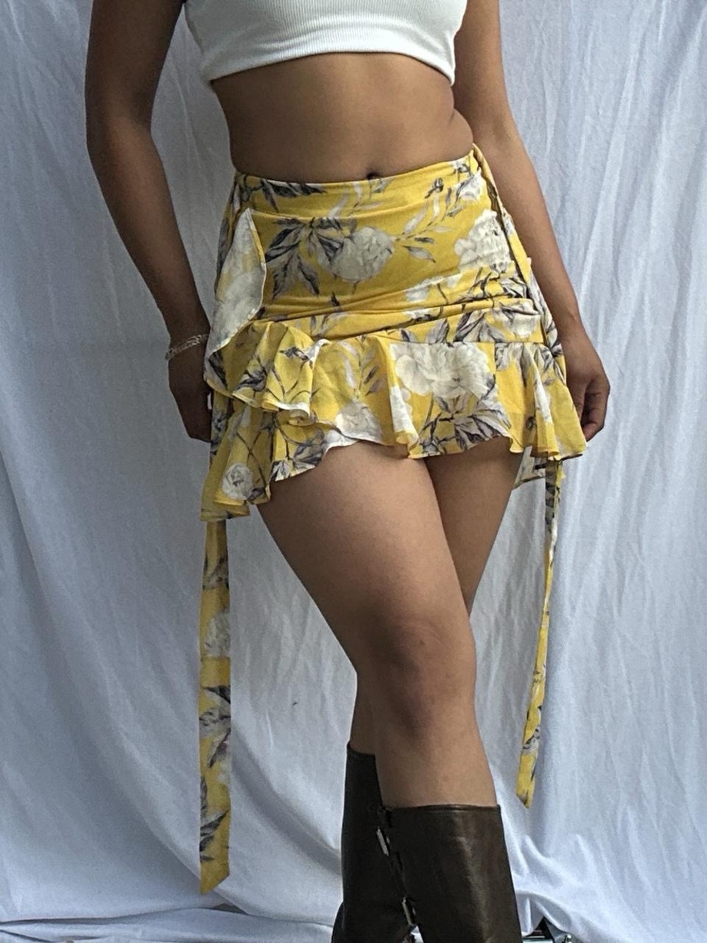Lucy Paris Yellow Floral Wrap Ruffle Mini Skirt